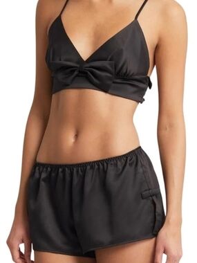 Satin Bow Bralette & Elastic-Waist Shorts Sleep Set - Black